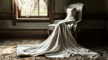 Wedding dress on a chair in an old room with a windowの写真素材