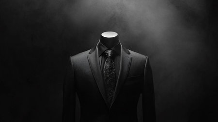 Black and white image of a mannequin wearing a suit on a black backgroundの写真素材