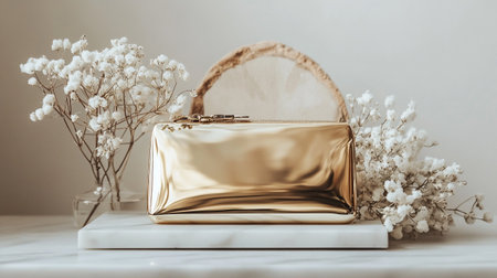 Luxury golden clutch and gypsophila flowers on white backgroundの写真素材