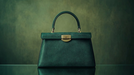 Luxury fashion leather handbag on a dark green background.の写真素材