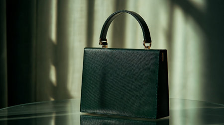 Luxury black leather handbag for women on the table.の写真素材