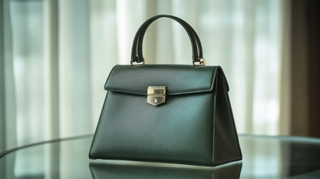 Luxury black leather handbag on the table in the roomの写真素材