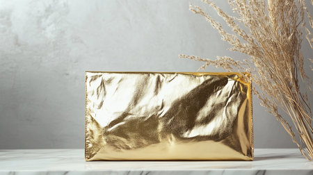 Golden gift box on white marble table and grey wall backgroundの写真素材