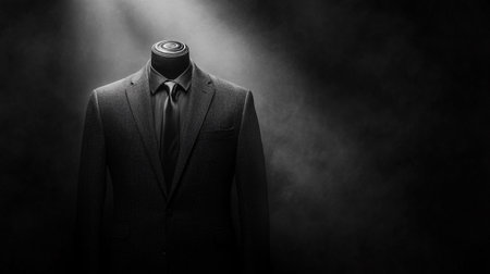 Black and white photo of a mannequin wearing a suit on a dark backgroundの写真素材