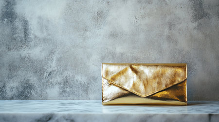 Luxury golden clutch on white marble table and concrete wall background.の写真素材