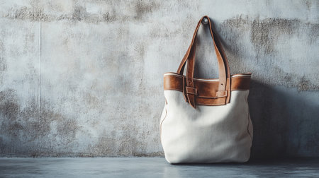 Elegant white leather bag on concrete wall background. Mock upの写真素材