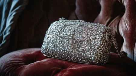 Luxury silver clutch on a red velvet sofa. Close upの写真素材