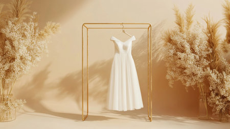 Wedding dress hanging on a golden hanger. 3d renderingの写真素材