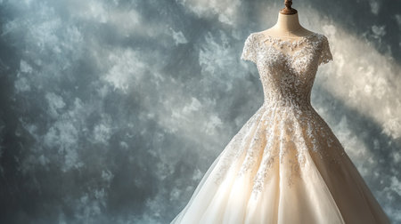 Wedding dress on a mannequin against the sky.の写真素材