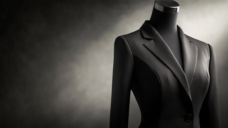 Fashionable black suit on a mannequin on dark backgroundの写真素材