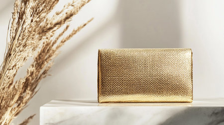 Luxury golden clutch bagle background. Fashion and beauty concept.の写真素材