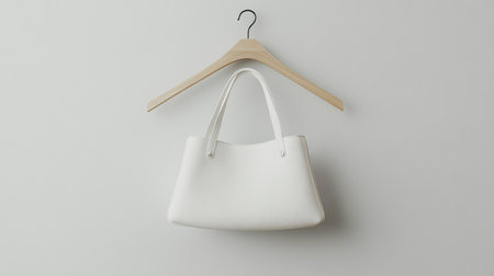 White leather bag on wooden hanger isolated on white background. 3d renderの写真素材