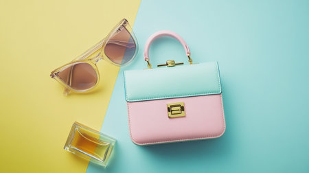 Women's fashion accessories. Sunglasses, clutch and perfume on colorful backgroundの写真素材