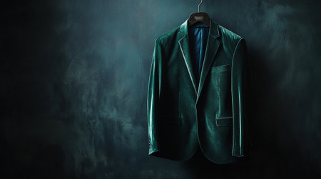Green jacket hanging on a hanger on a dark background. Business conceptの写真素材