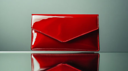 Red leather clutch on a glass table. 3d illustration. Selective focus.の写真素材