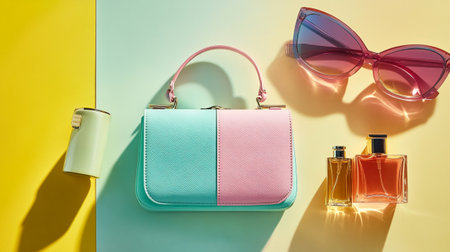 Fashionable women's bag, sunglasses and perfume on a colored backgroundの写真素材