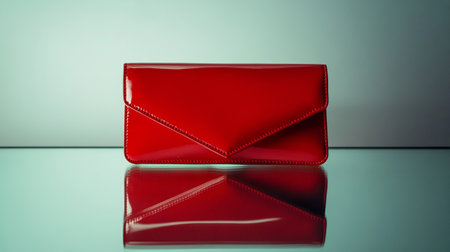 Red leather clutch on a glass table with reflection. Fashionable concept.の写真素材