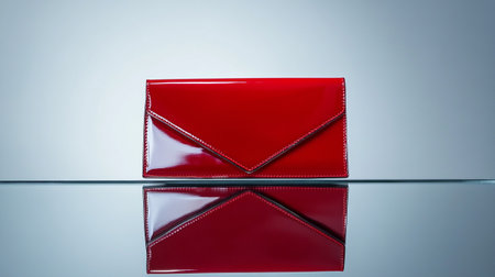 Red leather clutch on a glass table with reflection and copy space.の写真素材