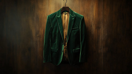 Classic green jacket hanging on wooden wall. Vintage style. 3D Renderingの写真素材
