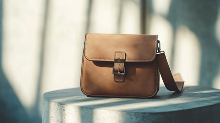 Brown leather bag on white concrete background. Fashion and style concept.の写真素材
