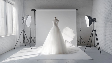 Wedding dress on a mannequin in a photo studioの写真素材