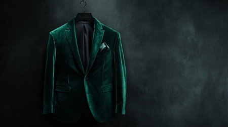Green jacket hanging on a hanger on a dark background with copy spaceの写真素材