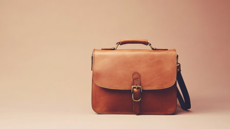 Brown leather briefcase on a beige background. Retro style.の写真素材