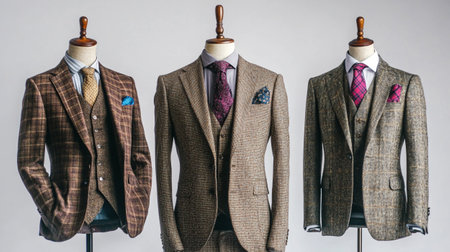 Fashionable men's suits on mannequins in studioの写真素材