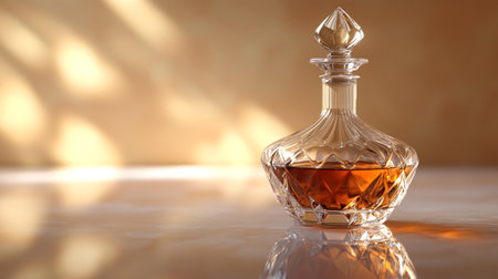 Cognac or brandy in a decanter on a mirror surface. 3d renderの写真素材