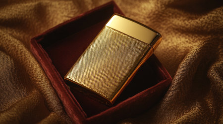 Gold lighter in a red box on a background of golden fabric.の写真素材