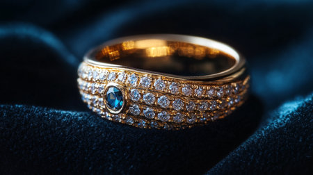 Close up of gold wedding ring on blue satin fabric background.の素材