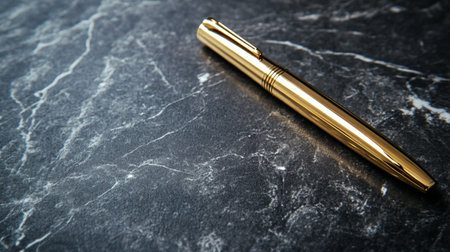 golden pen on black marble table, copy space for your textの写真素材