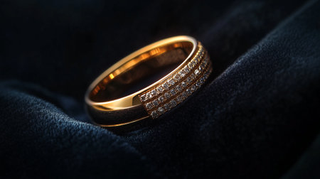 Wedding gold ring on a dark blue velvet background close upの写真素材