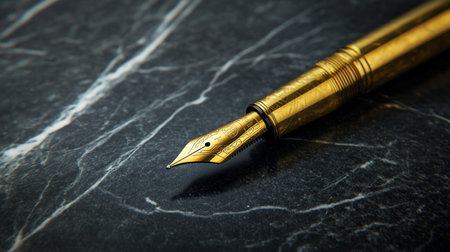 Fountain pen on a black marble background. Retro style tonedの写真素材
