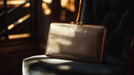 Luxury leather clutch on a chair in the evening sunlight.の写真素材