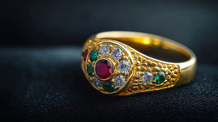 Jewelry gold ring with precious stones on a dark background.の写真素材