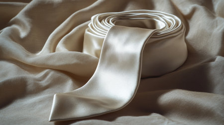 White satin ribbon on a soft beige satin background.の写真素材