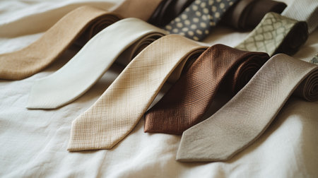 Brown and beige neckties on the bed. Selective focus.の写真素材