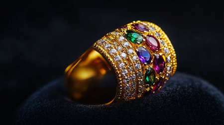 Close up of gold ring with multicolor gems on black backgroundの写真素材