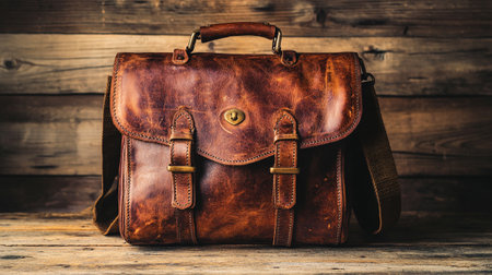 Vintage brown leather briefcase on wooden background - vintage filter effectの素材