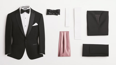 Set of men's suit and accessories on white background, top viewの写真素材