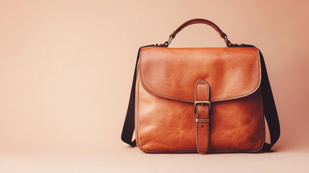 Brown leather bag on a beige background with copy space for textの写真素材