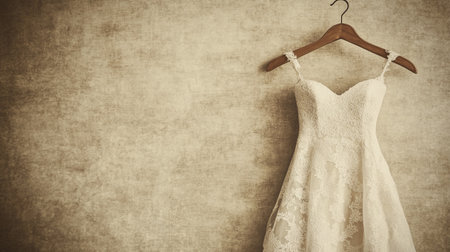 Wedding dress hanging on a wooden hanger on grunge backgroundの写真素材