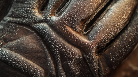 Close up of a leather glove with water droplets on it.の写真素材