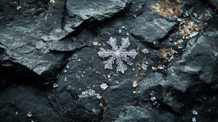 snowflake on the stone, close-up, winter backgroundの写真素材