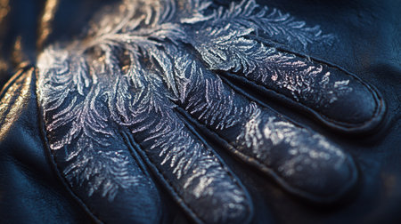 Close up of black leather glove with frosted pattern. Macro shotの写真素材