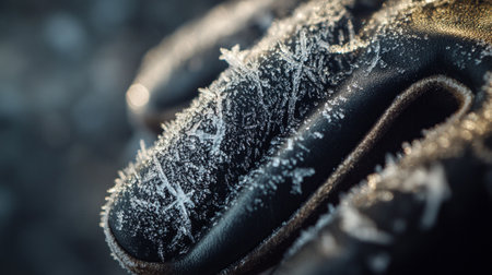 Closeup detail of black leather texture with ice crystals on it.の写真素材
