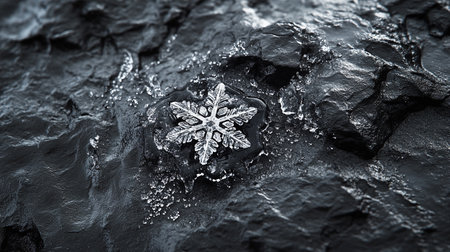 Snowflake on a rock, black and white. Winter concept.の写真素材