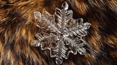 Silver snowflake on fur background close up. Winter and Christmas conceptの写真素材