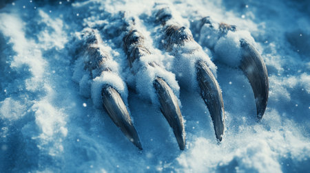 Frozen animal claws in the snow. Winter background. Toned.の写真素材
